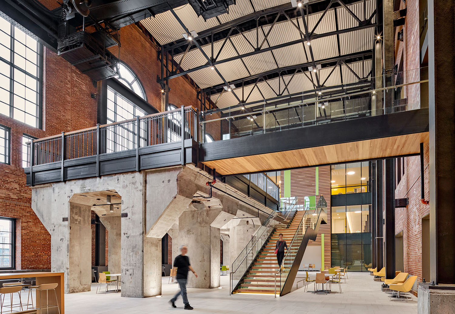 The former dynamo hall at South Street Landing is renovated and preserved as a social space.